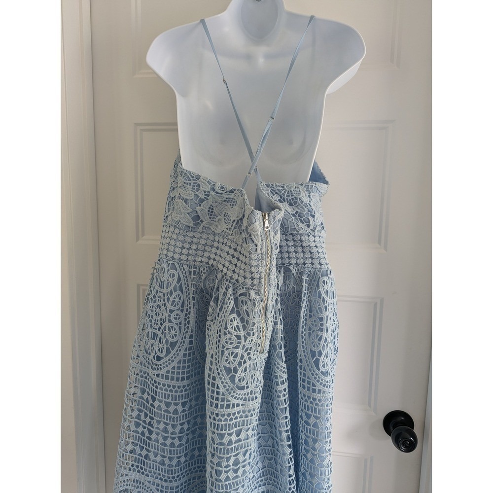 ABS Collection Light Blue Guipure Lace Midi Dress V-Neck Cross Back 12 - Picture 10 of 14